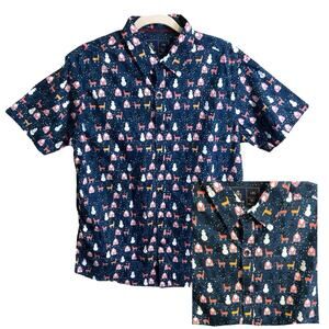 Rugby Christmas Shirt Men's Size L Blue Santa Snowman Reindeer Button Up Cotton